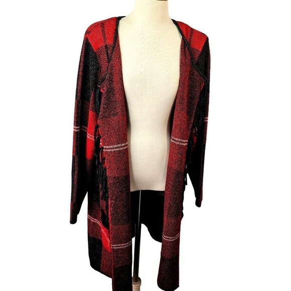 Adrienne Vittadini Long Open Cardigan Sweater Fringed Black Red Plaid Womens 2X - Picture 8 of 10